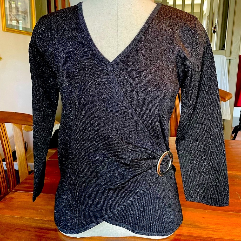Black Sparkly V-Neck Faux Wrap Sweater Gold Ring Accent by Joseph A
Size Medium - Picture 10 of 15